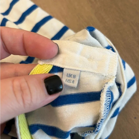 Boden Blue and White Striped Boatneck Dress Sz 4 Buttons on Shoulders 2 pockets - Picture 5 of 9